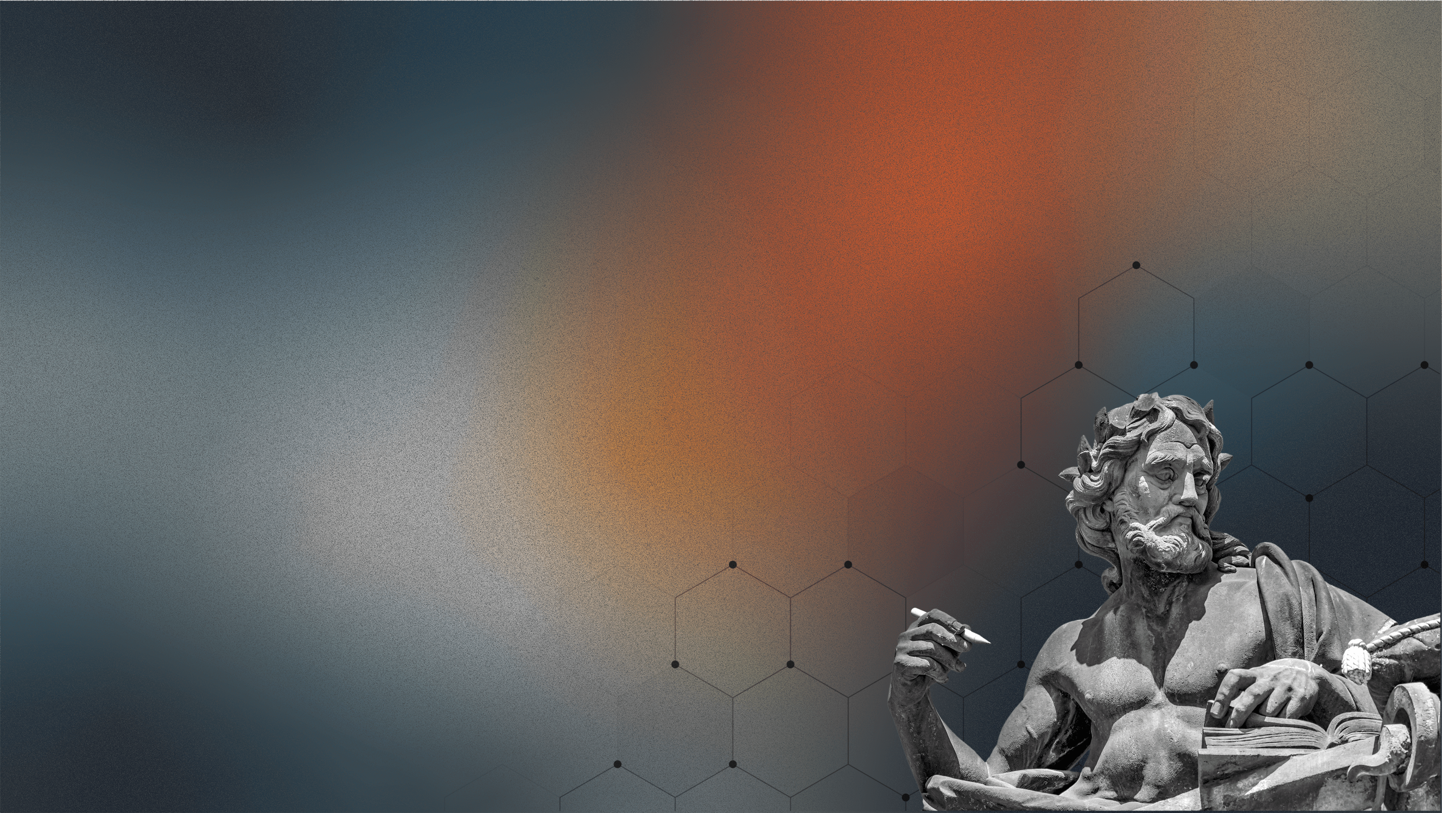 Background image with blue and orange radial gradients, an old statue at the bottom, and hexagonal design elements, landscape version.