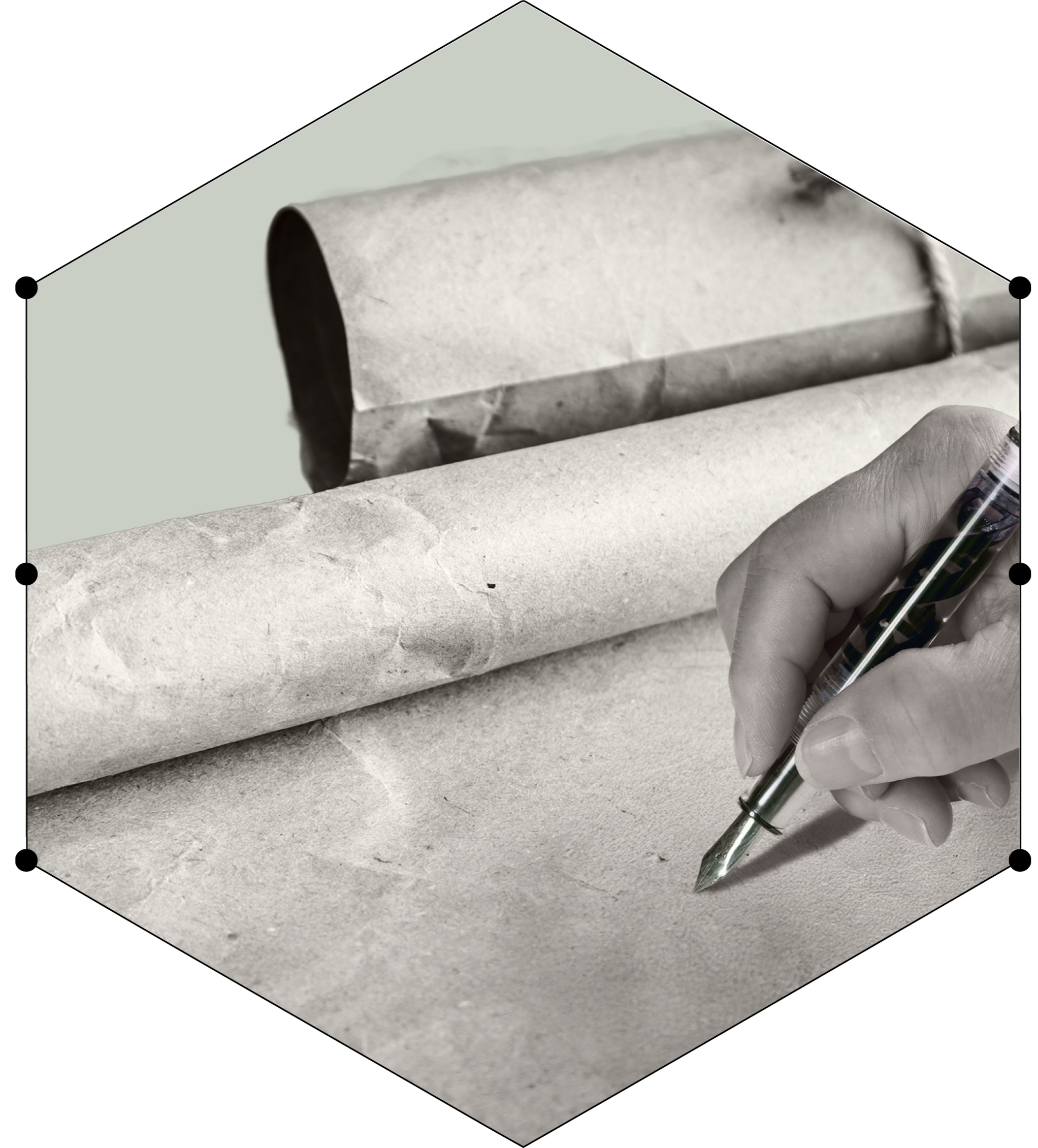 Inked DNA Lucent fountain pen held in hand, poised to write on paper with a rolled paper in the background, by Hex Pens.