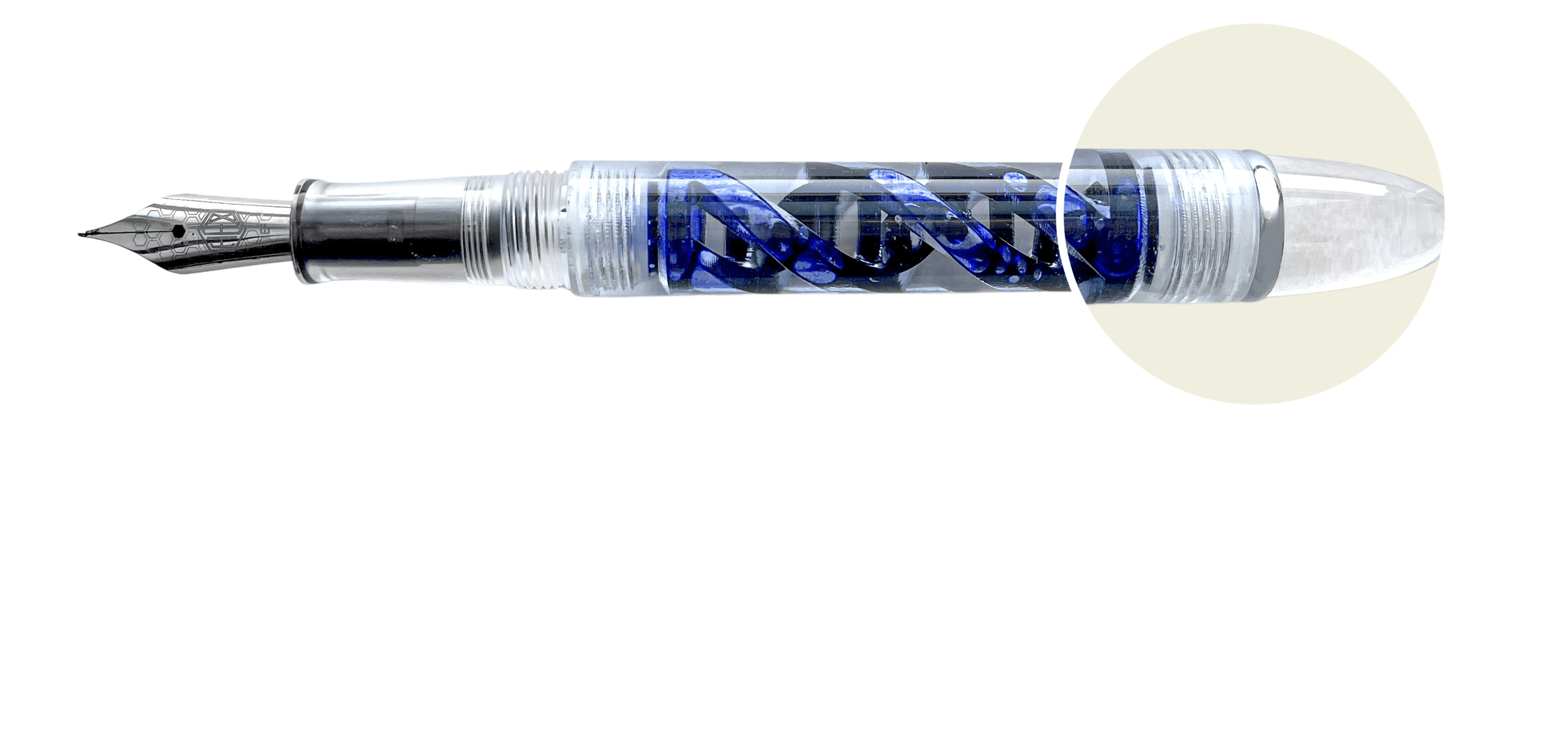 Inked DNA Lucent fountain pen uncapped with a magnified view of the end cap and descriptive text at the bottom, by Hex Pens.