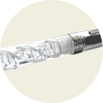 Close-up of the barrel area of uninked DNA Lucent fountain pen with cap on, highlighting design details, by Hex Pens.