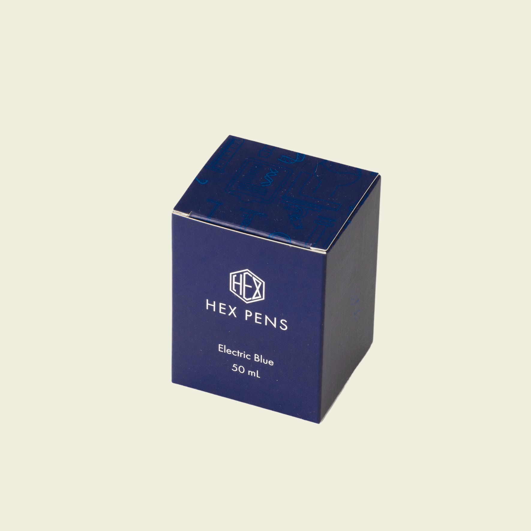 Packaging box for Electric Blue bottled ink, by Hex Pens.