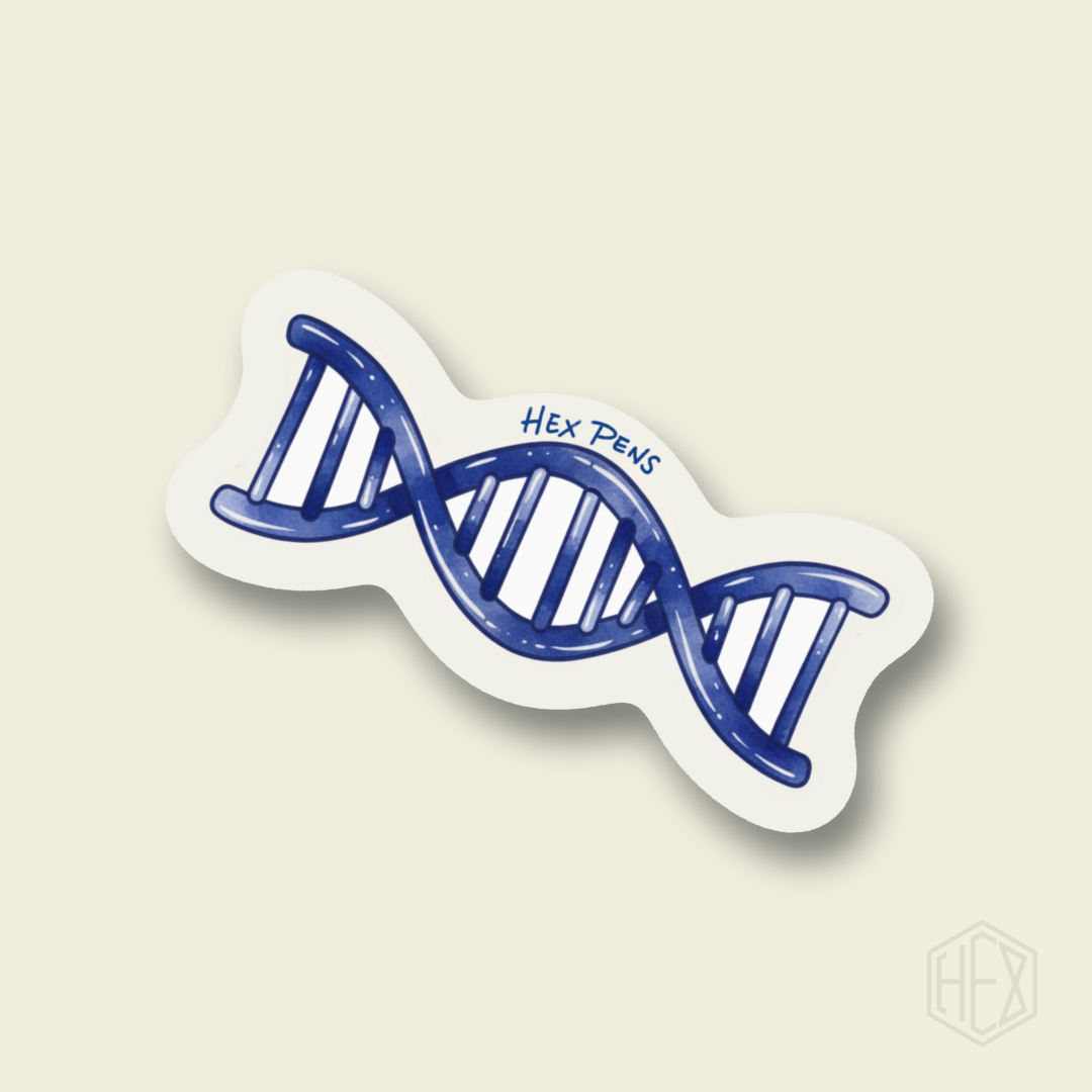 Sticker with a blue DNA double helix design on a beige background, by the brand 'Hex Pens'.