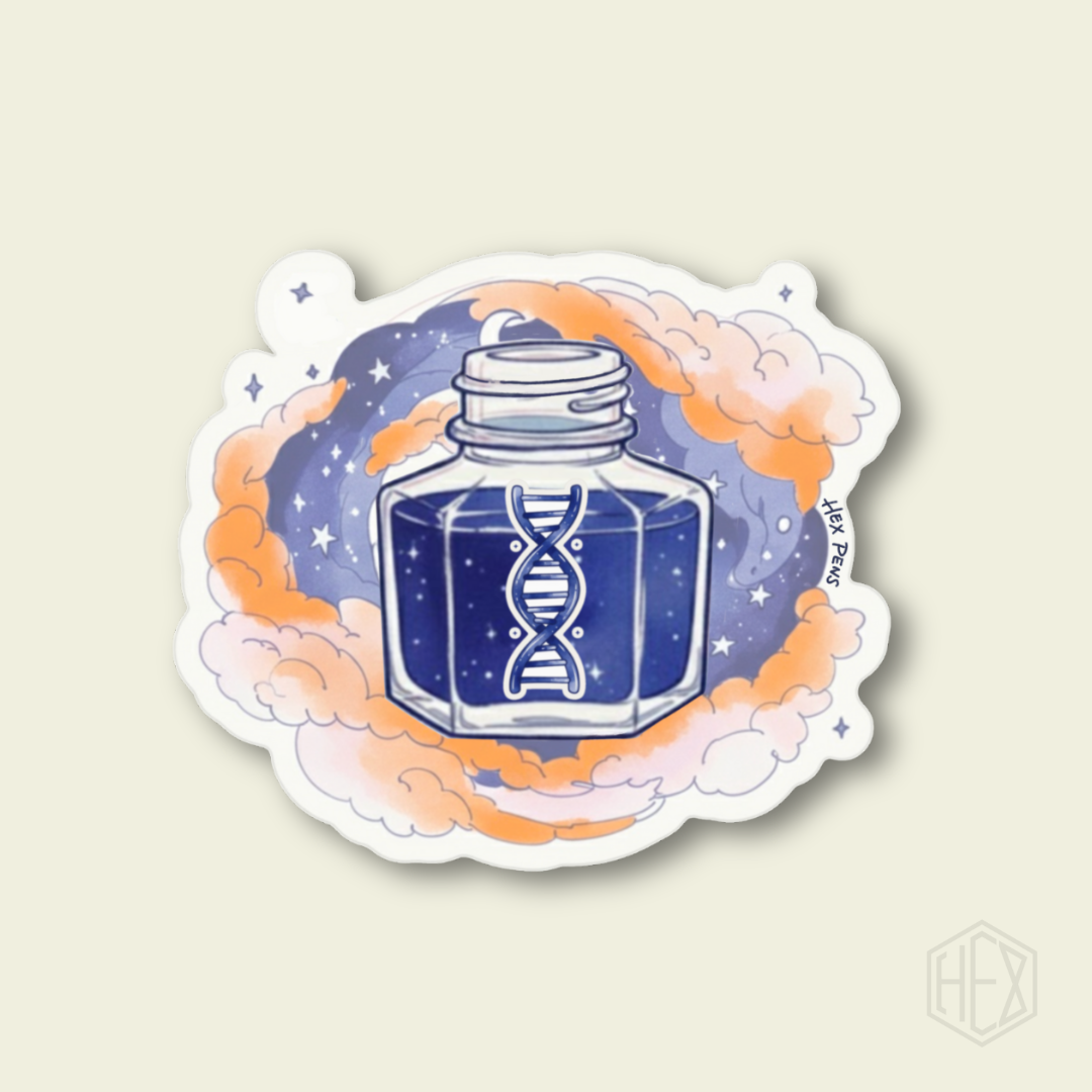 Hex Pens sticker with a glass bottle of ink containing a DNA double helix design on a beige background