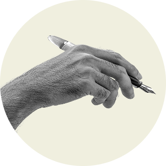 Black-and-white image of a hand holding a Lucent Series fountain pen, by Hex Pens.