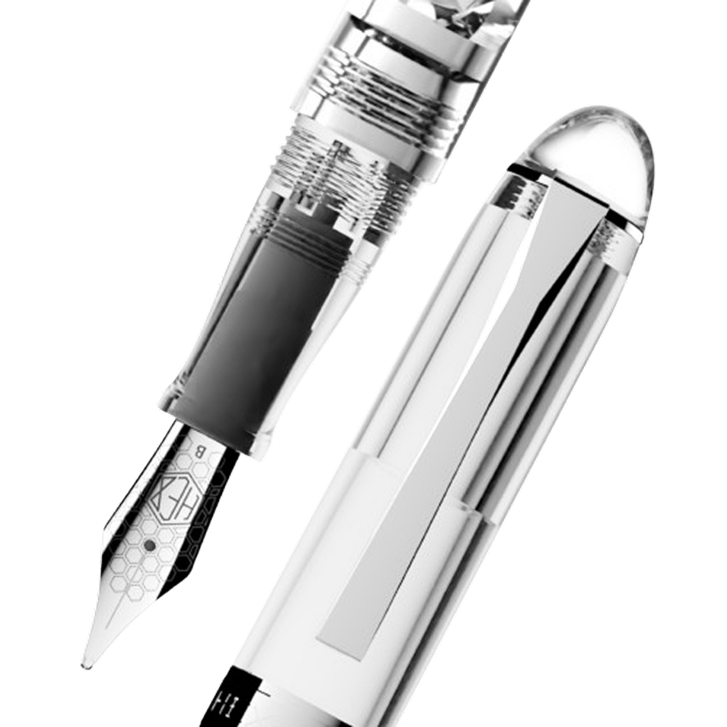 Close-up of Lucent Series fountain pen showing the nib, section, and cap placed diagonally, by Hex Pens.