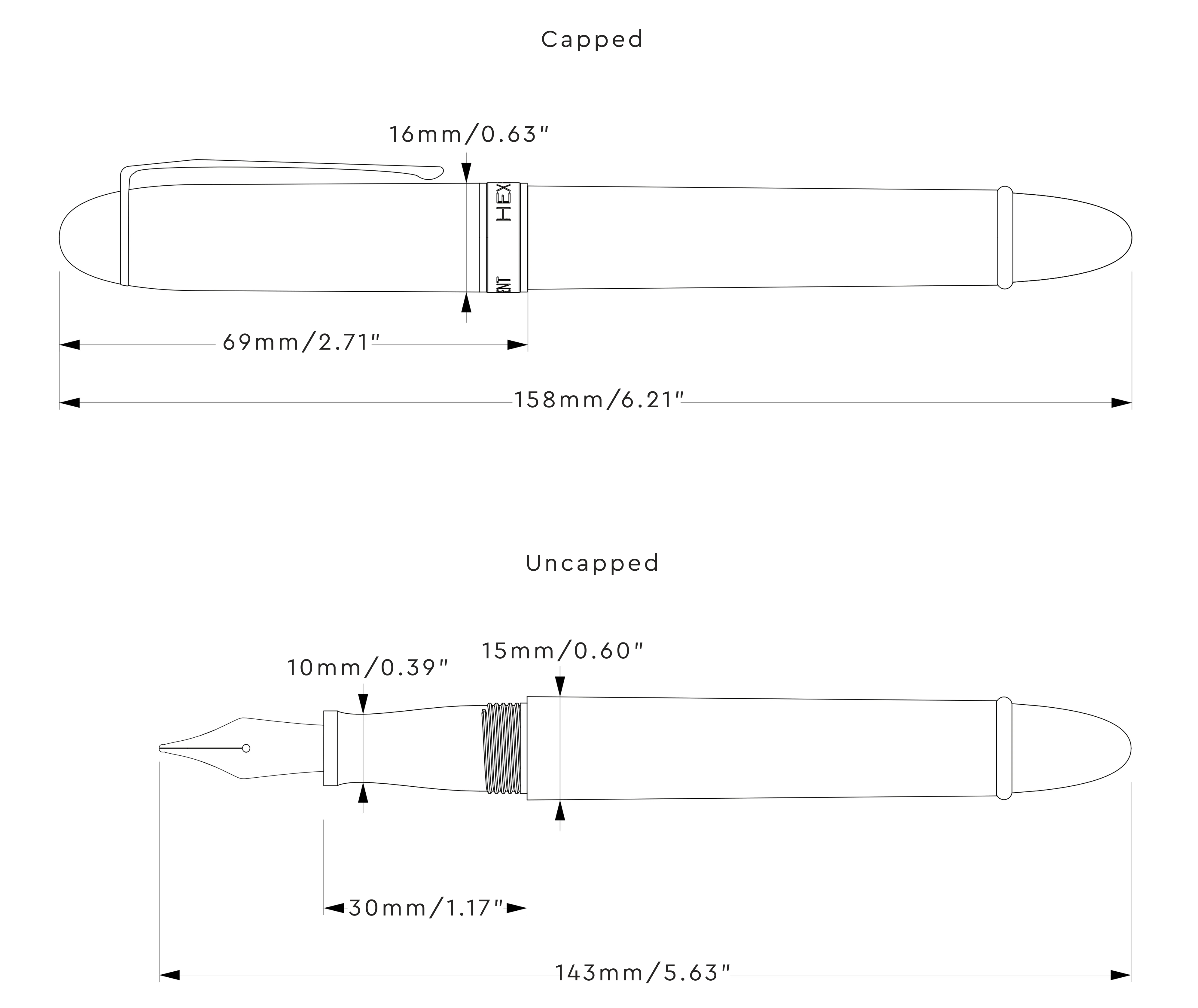 Specifications of Lucent Series fountain pen shown in both capped and uncapped states, by Hex Pens.