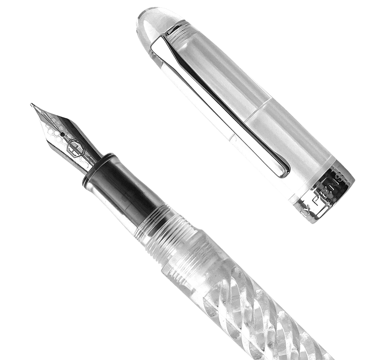 Halfway view of Triple Twist Lucent fountain pen showing the nib side, with cap on the right, placed diagonally to highlight design, by Hex Pens.